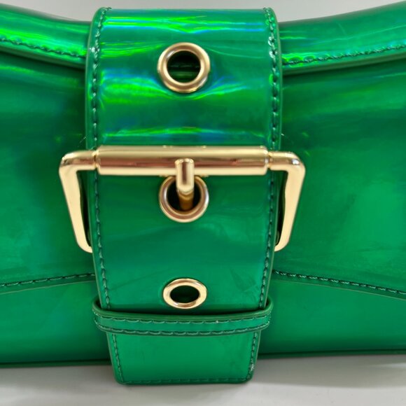 Iridescent Metallic Shiny Green  - Gold Buckle Crossbody / Chain Straps - NWT - Picture 7 of 10